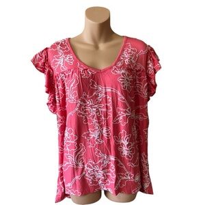 Liv Los Angeles Floral Pink Yarn Like Floral Embroidery and Ruffled Sleeves